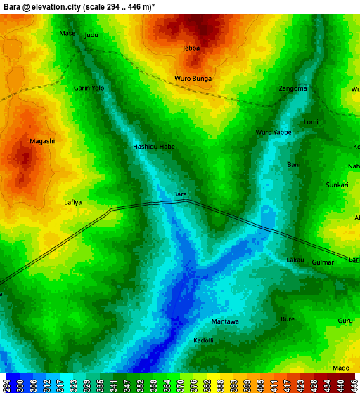 Zoom OUT 2x Bara, Nigeria elevation map