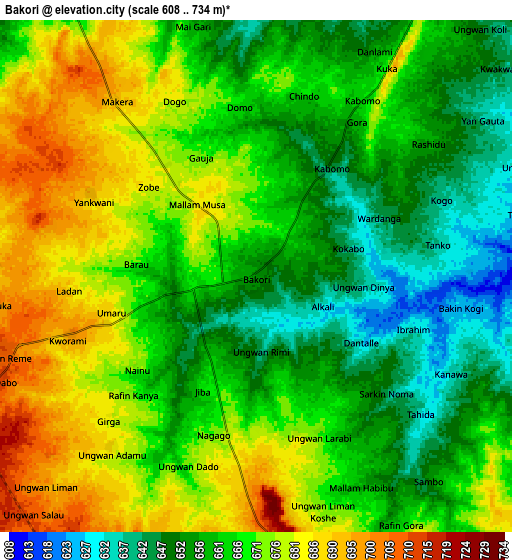 Zoom OUT 2x Bakori, Nigeria elevation map