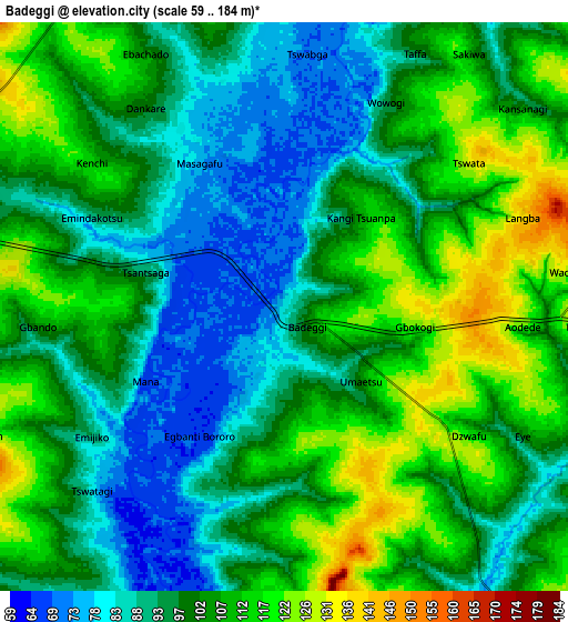 Zoom OUT 2x Badeggi, Nigeria elevation map