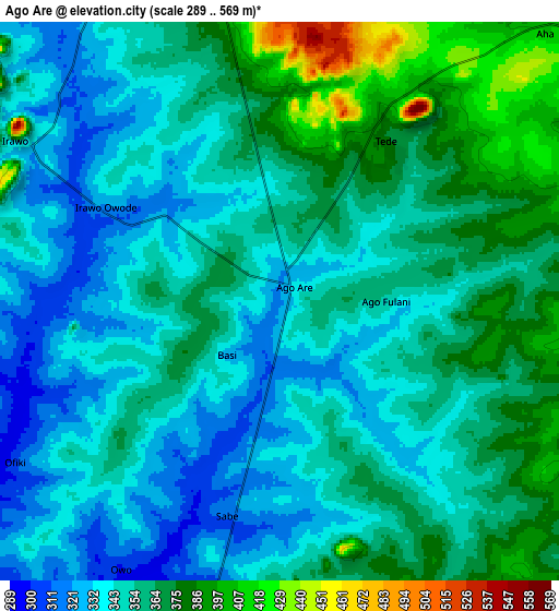 Zoom OUT 2x Ago Are, Nigeria elevation map