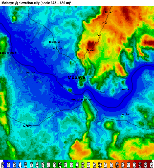 Zoom OUT 2x Mobaye, Central African Republic elevation map