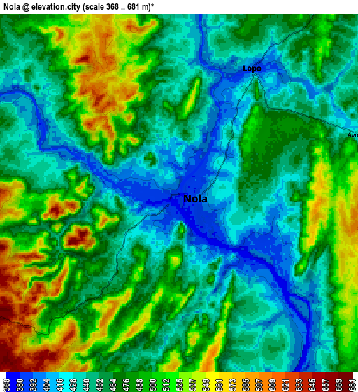 Zoom OUT 2x Nola, Central African Republic elevation map