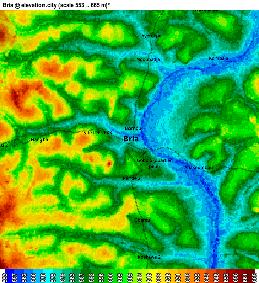 Zoom OUT 2x Bria, Central African Republic elevation map