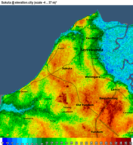Zoom OUT 2x Sukuta, Gambia elevation map