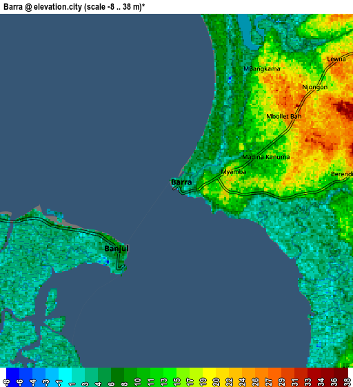 Zoom OUT 2x Barra, Gambia elevation map