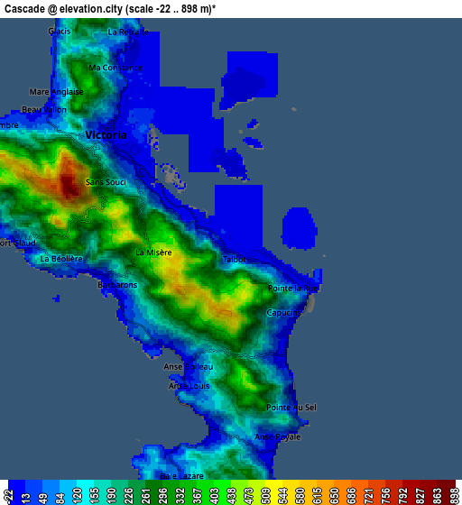 Zoom OUT 2x Cascade, Seychelles elevation map