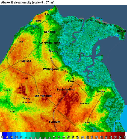 Zoom OUT 2x Abuko, Gambia elevation map
