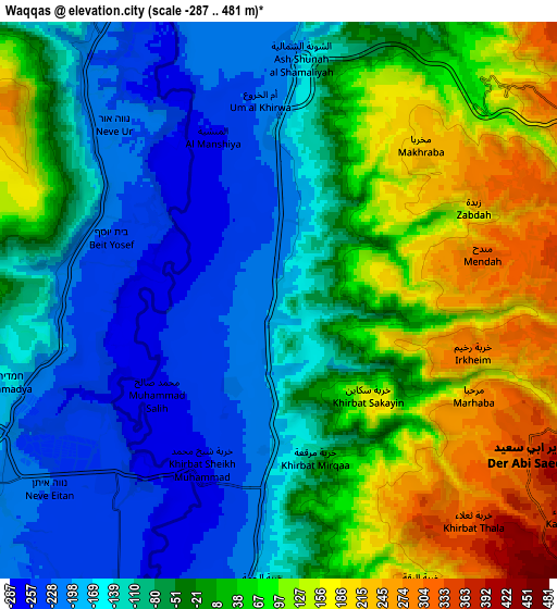 Zoom OUT 2x Waqqāş, Jordan elevation map