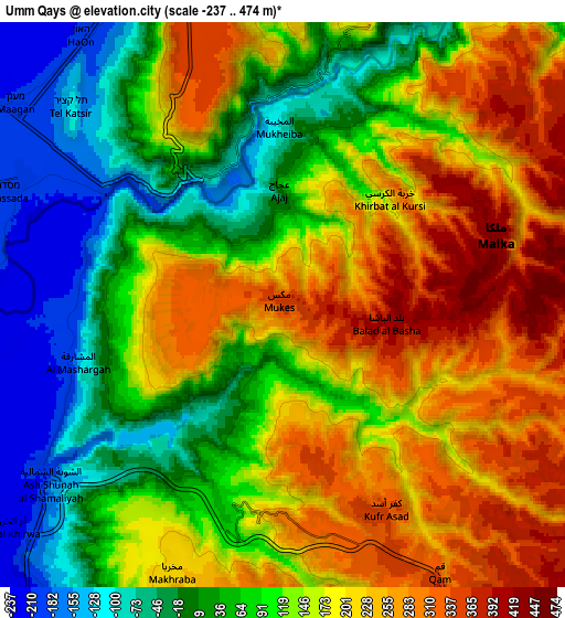 Zoom OUT 2x Umm Qays, Jordan elevation map