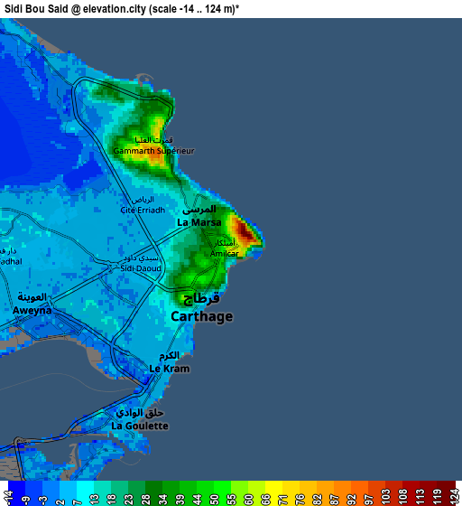 Zoom OUT 2x Sidi Bou Saïd, Tunisia elevation map