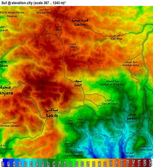 Zoom OUT 2x Sūf, Jordan elevation map