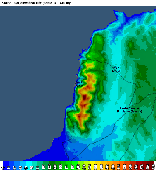 Zoom OUT 2x Korbous, Tunisia elevation map