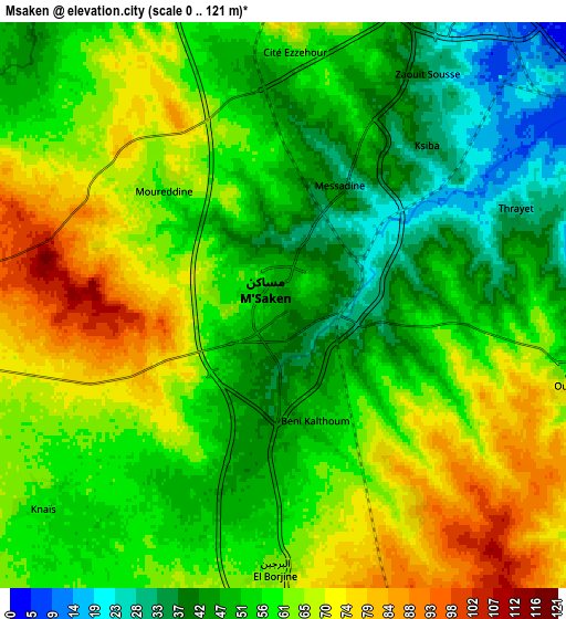 Zoom OUT 2x Msaken, Tunisia elevation map