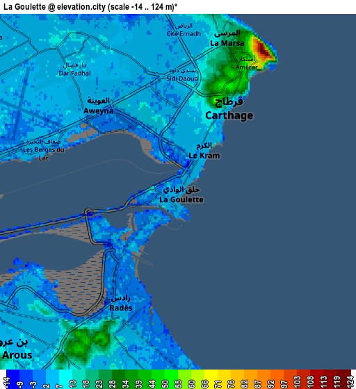 Zoom OUT 2x La Goulette, Tunisia elevation map