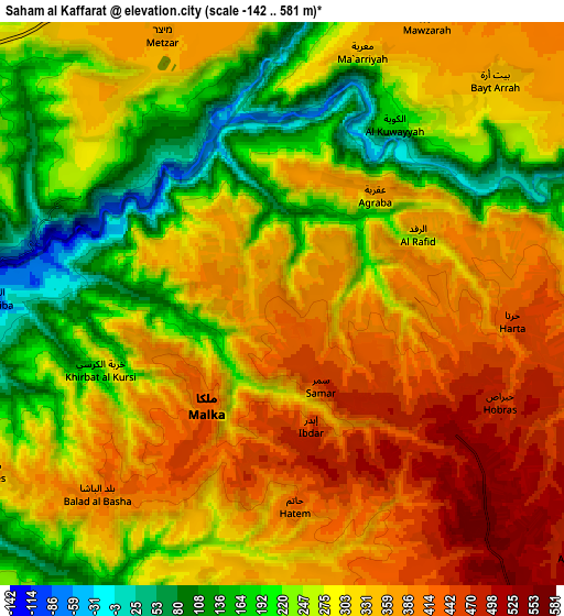 Zoom OUT 2x Saḩam al Kaffārāt, Jordan elevation map