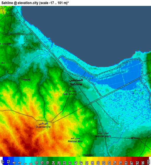 Zoom OUT 2x Sahline, Tunisia elevation map