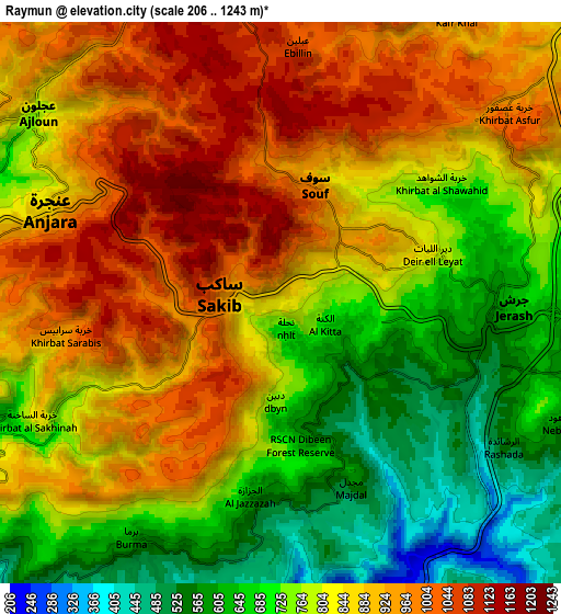 Zoom OUT 2x Raymūn, Jordan elevation map