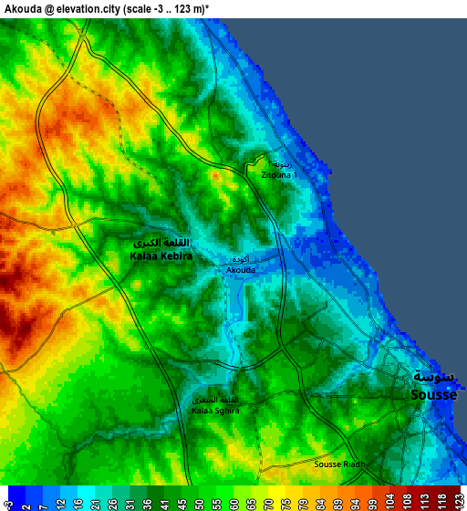 Zoom OUT 2x Akouda, Tunisia elevation map