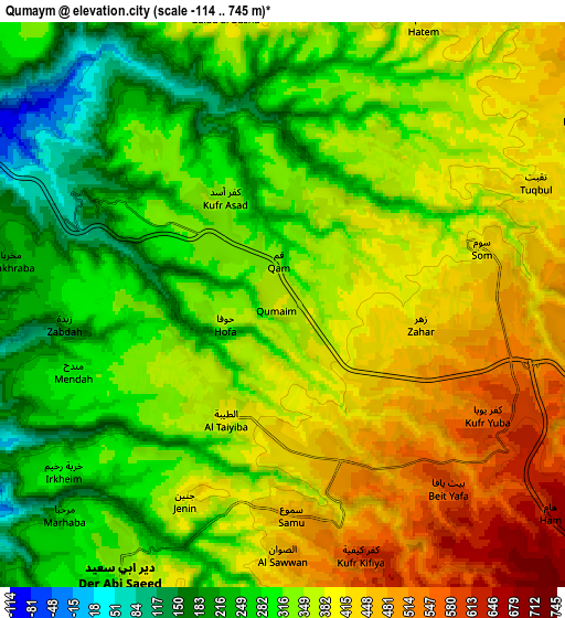 Zoom OUT 2x Qumaym, Jordan elevation map