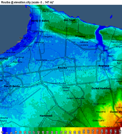 Zoom OUT 2x Rouiba, Algeria elevation map