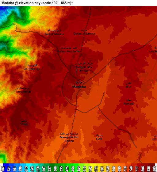 Zoom OUT 2x Mādabā, Jordan elevation map