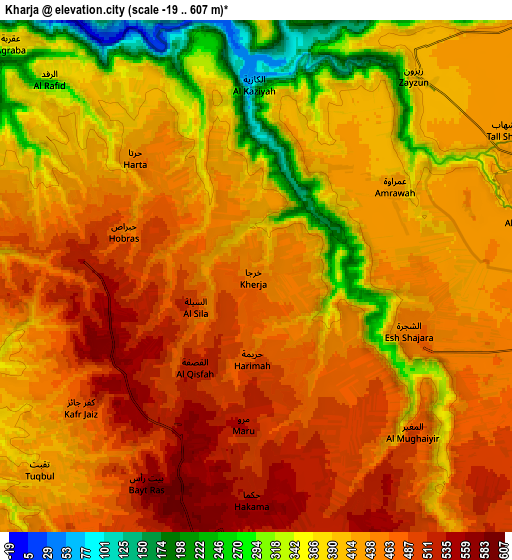 Zoom OUT 2x Kharjā, Jordan elevation map