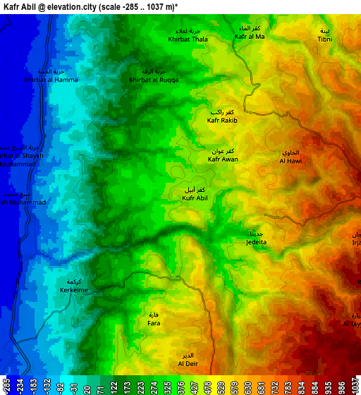 Zoom OUT 2x Kafr Abīl, Jordan elevation map