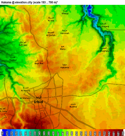 Zoom OUT 2x Ḩakamā, Jordan elevation map