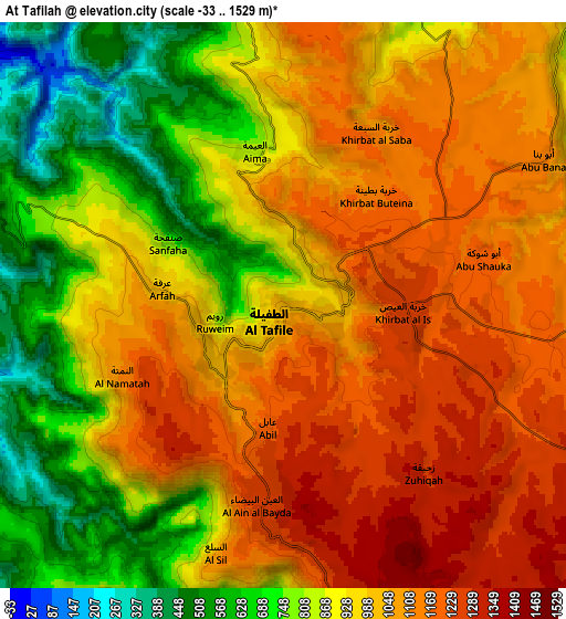 Zoom OUT 2x Aţ Ţafīlah, Jordan elevation map