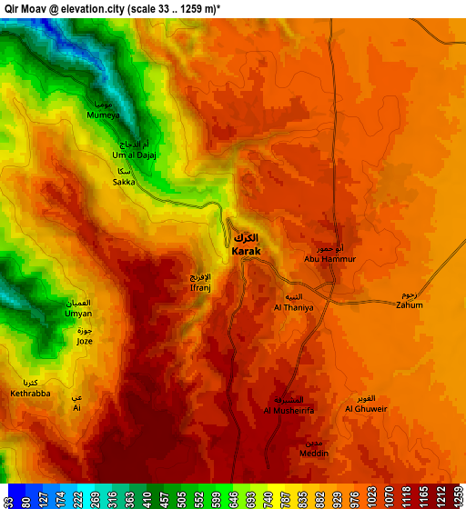 Zoom OUT 2x Qīr Moāv, Jordan elevation map