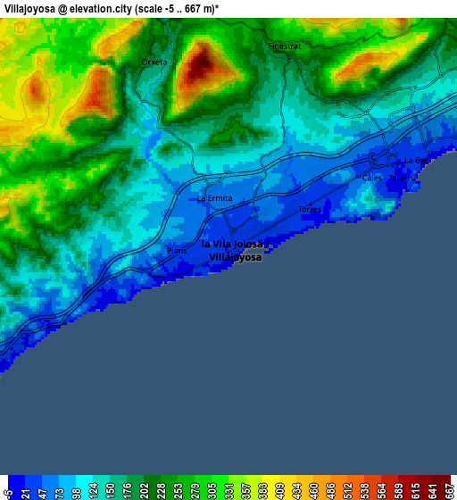 Zoom OUT 2x Villajoyosa, Spain elevation map