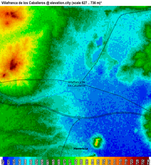 Zoom OUT 2x Villafranca de los Caballeros, Spain elevation map