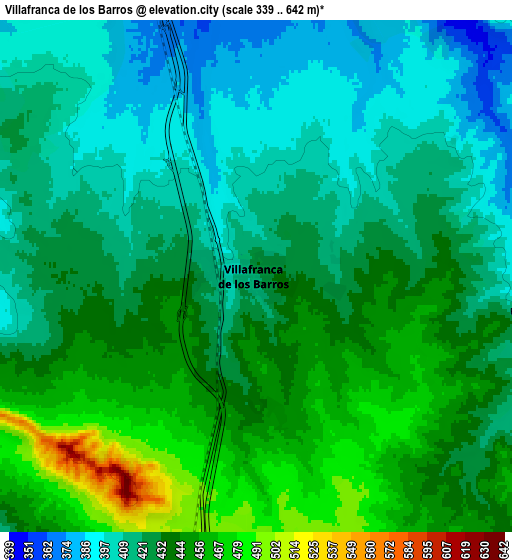 Zoom OUT 2x Villafranca de los Barros, Spain elevation map