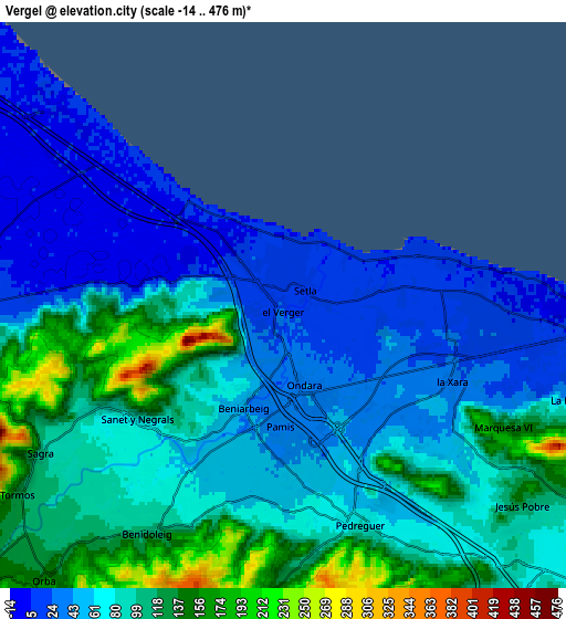 Zoom OUT 2x Vergel, Spain elevation map