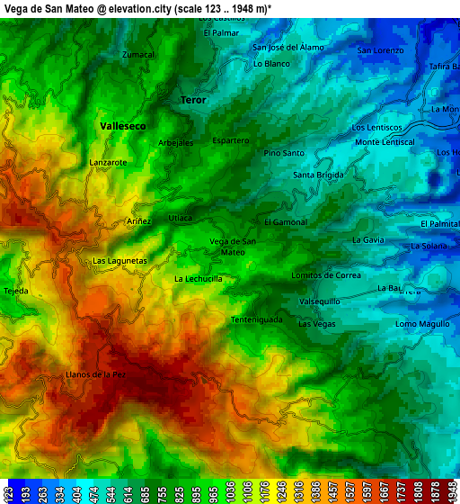 Zoom OUT 2x Vega de San Mateo, Spain elevation map
