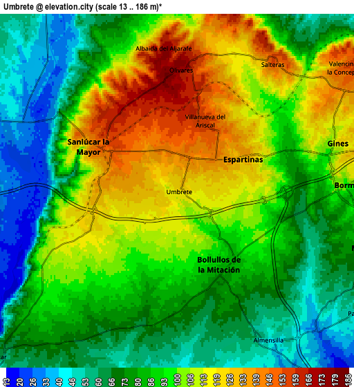 Zoom OUT 2x Umbrete, Spain elevation map