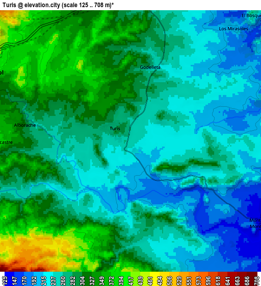 Zoom OUT 2x Turís, Spain elevation map