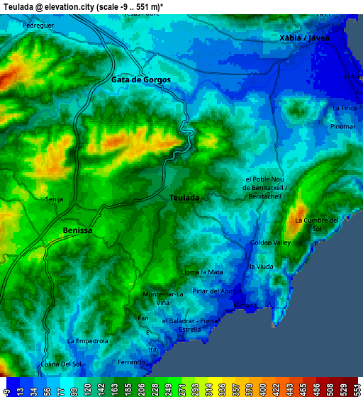 Zoom OUT 2x Teulada, Spain elevation map