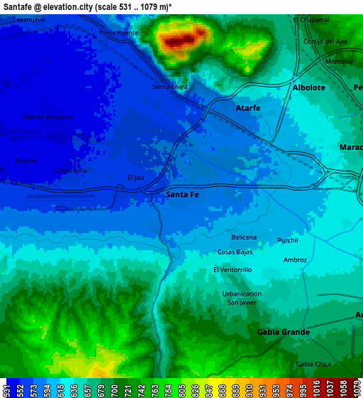 Zoom OUT 2x Santafé, Spain elevation map