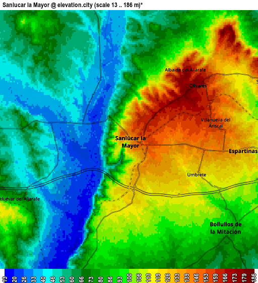 Zoom OUT 2x Sanlúcar la Mayor, Spain elevation map