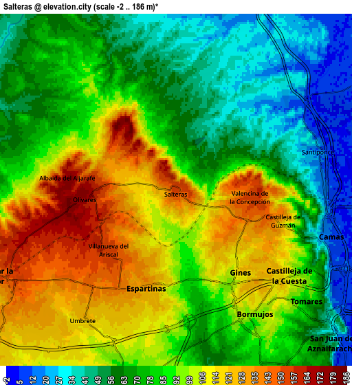 Zoom OUT 2x Salteras, Spain elevation map