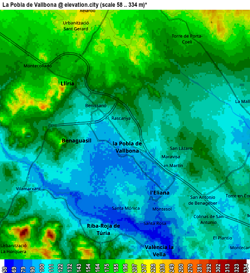 Zoom OUT 2x La Pobla de Vallbona, Spain elevation map