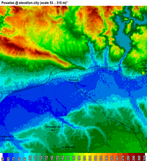 Zoom OUT 2x Posadas, Spain elevation map