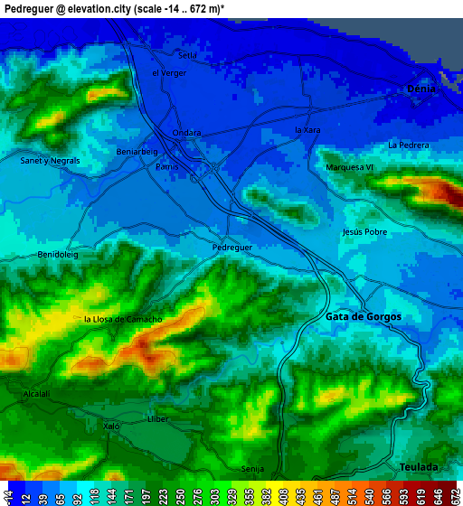 Zoom OUT 2x Pedreguer, Spain elevation map