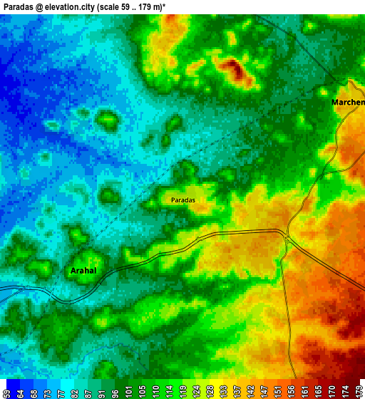 Zoom OUT 2x Paradas, Spain elevation map