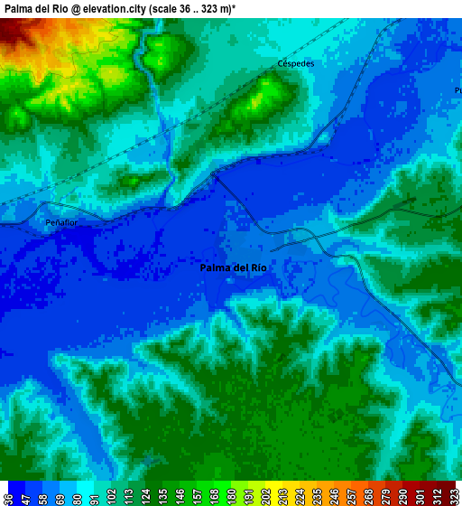 Zoom OUT 2x Palma del Río, Spain elevation map