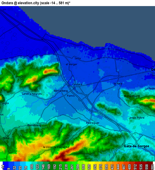 Zoom OUT 2x Ondara, Spain elevation map