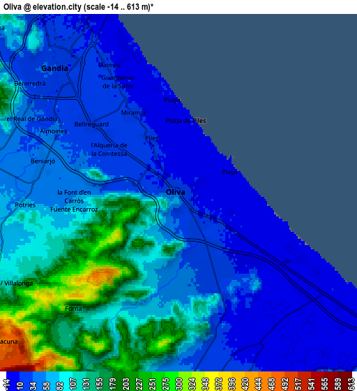 Zoom OUT 2x Oliva, Spain elevation map