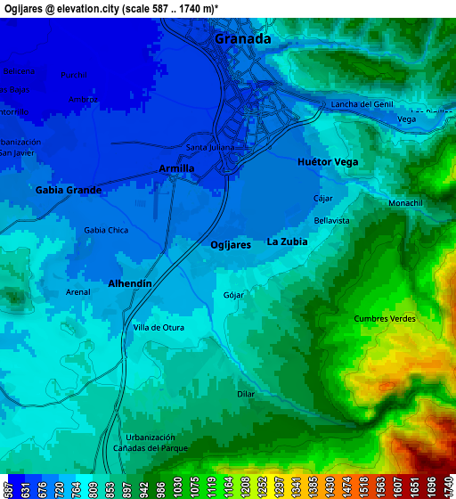 Zoom OUT 2x Ogíjares, Spain elevation map