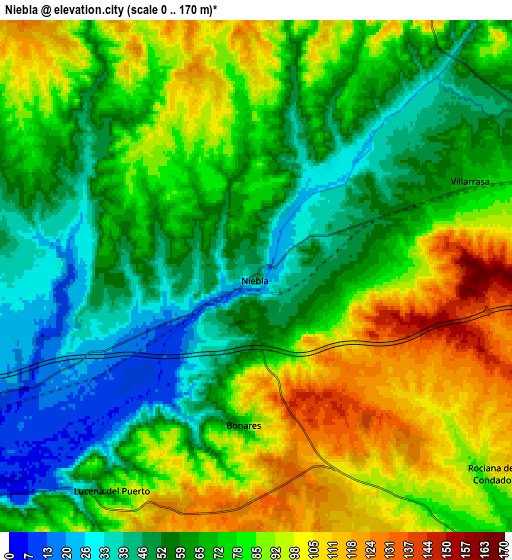 Zoom OUT 2x Niebla, Spain elevation map